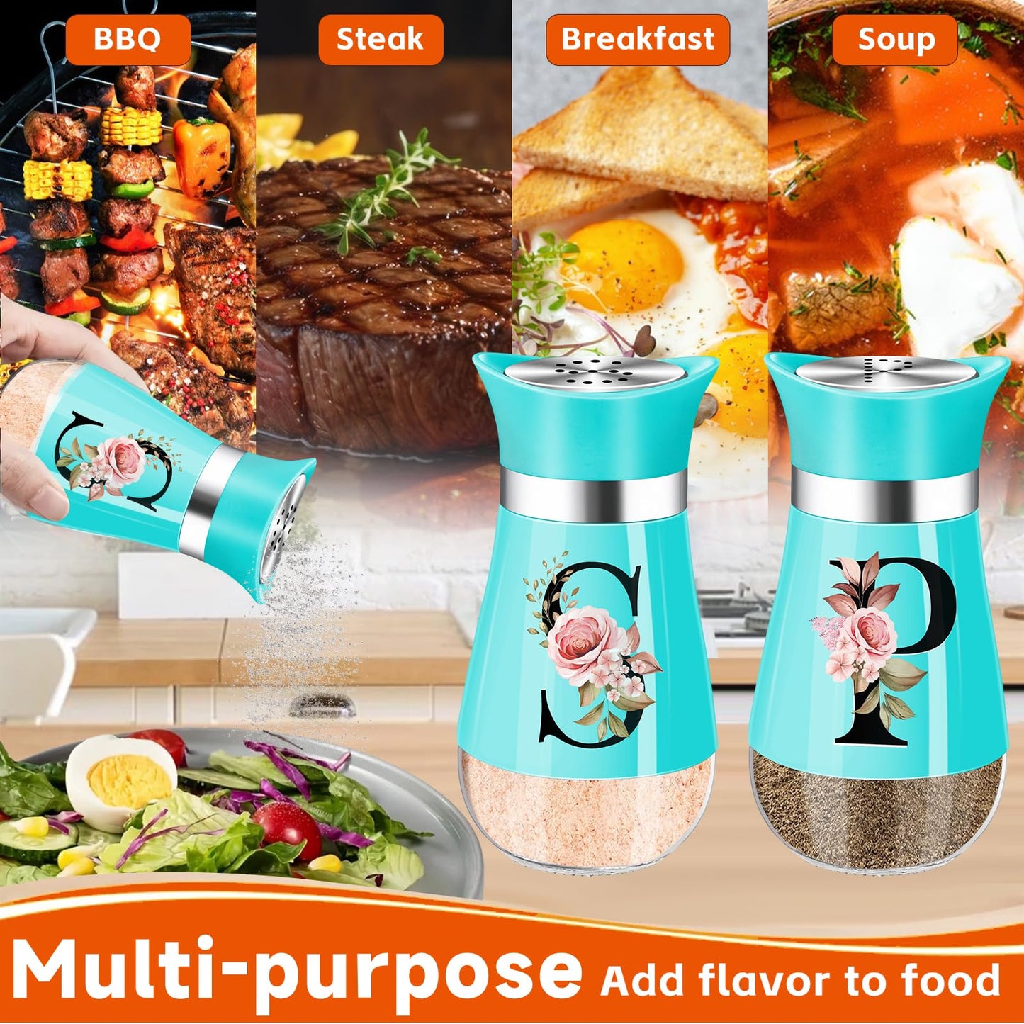 Salt and Pepper Shakers Set, 4 oz Teal Kitchen Accessories and Decor, Stainless Steel & Glass Spice Dispenser Classic, Refillable Design, Farmhouse Salt Pepper Shakers Cute Kitchen Decoration (Blue)