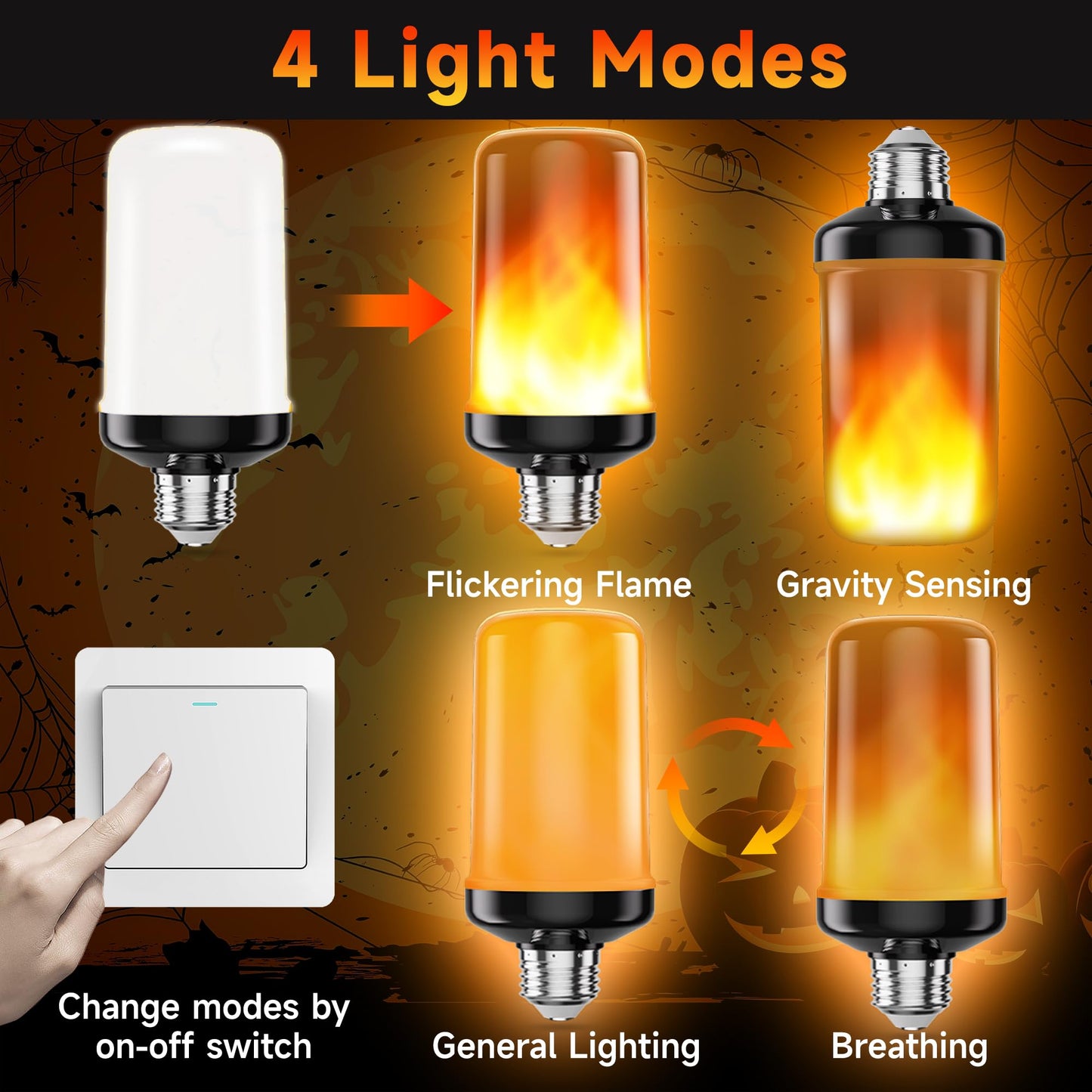 hyrion Flame Light Bulbs, Flickering Light Bulbs Outdoor, 4 Modes Fire Lightbulbs with Gravity Sensor, LED Flame Lights Bulb for Halloween Porch Christmas Indoor -4 Pack