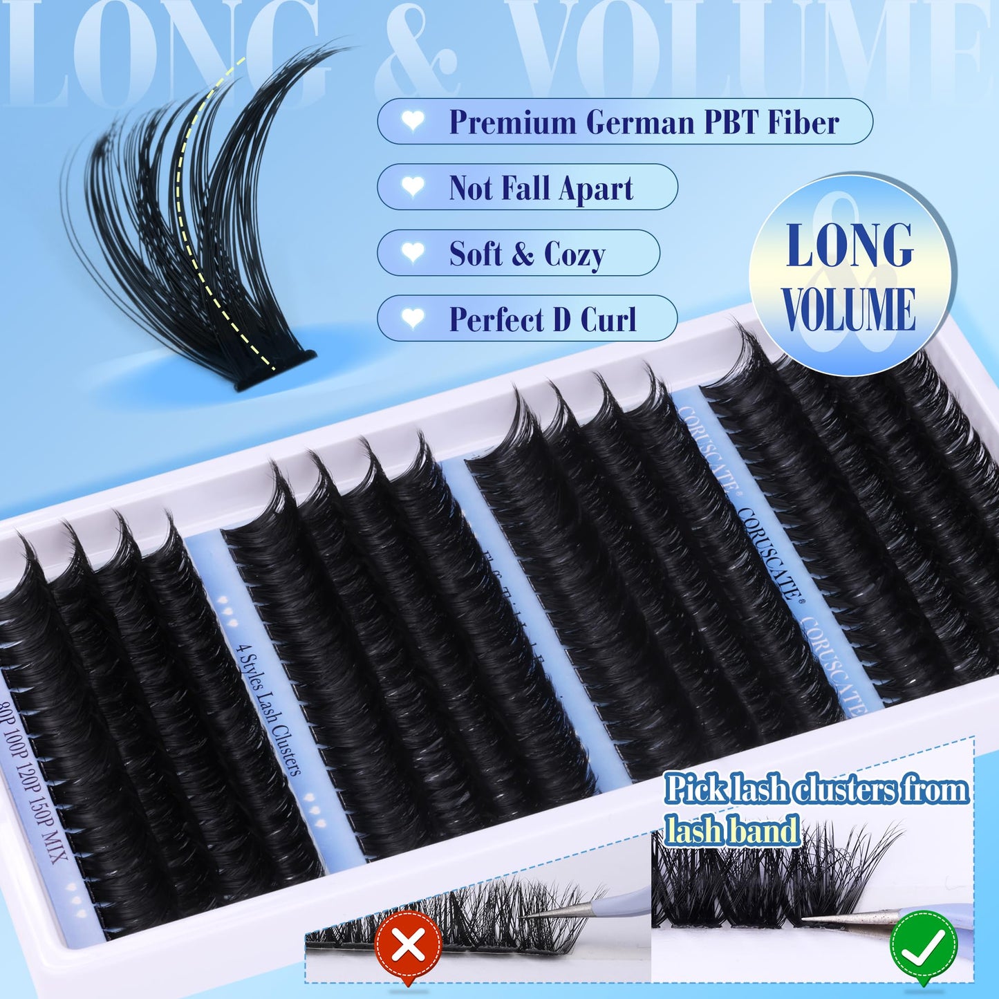 CORUSCATE Cluster Lashes Kit Long 14-20mm Eyelashes Individual Kit 80D-150D Thick Lashes Individual Cluster Russian Strip Lash D Curl DIY Lash Extension 284pcs with Lash Bond and Seal Tweezers