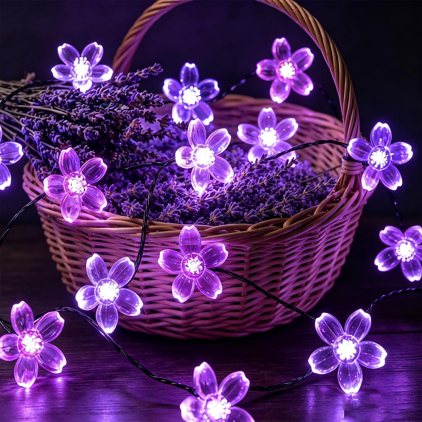 Purple Flower Fairy String Lights on Black Wire, Plug in Connectable 33FT 100 LED Waterproof with 8 Modes for Indoor Outdoor Christmas, Valentine's Day, Wedding Party & Patio Balcony Ambiance