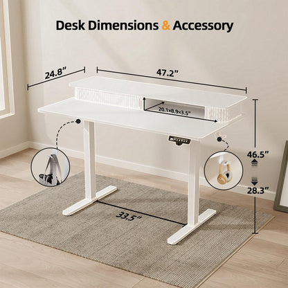 JOY worker Height Adjustable Electric Standing Desk with Storage Shelves, 48 Inch Table with Built-in Monitor Stand, Sit Stand Desk with 2 Hooks for Home Office, White