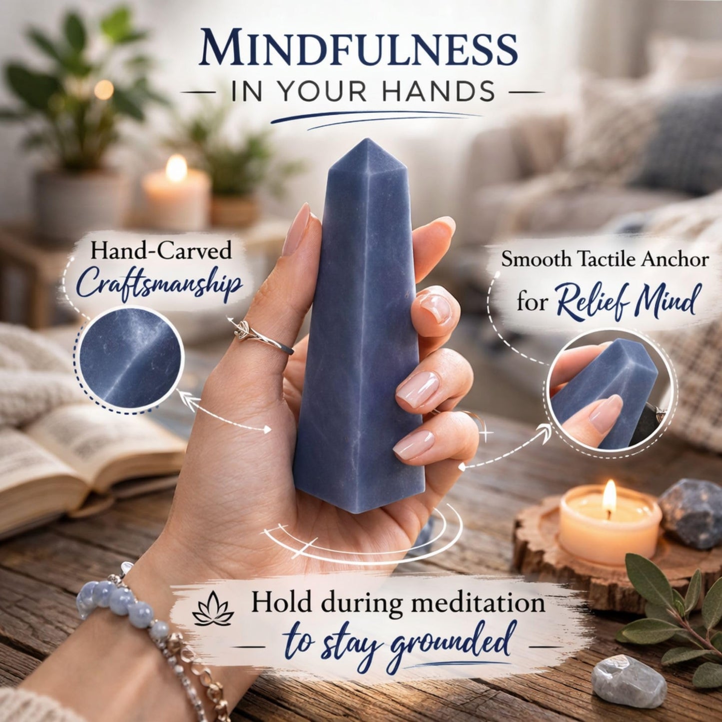 Angelite Crystal Obelisk Tower - Real Crystals for Reiki, Meditation & Throat Chakra Healing - Natural Blue Stone from Peru - Ideal for Calming - Gift for Birthday, Mother's Day (3 to 4 oz)