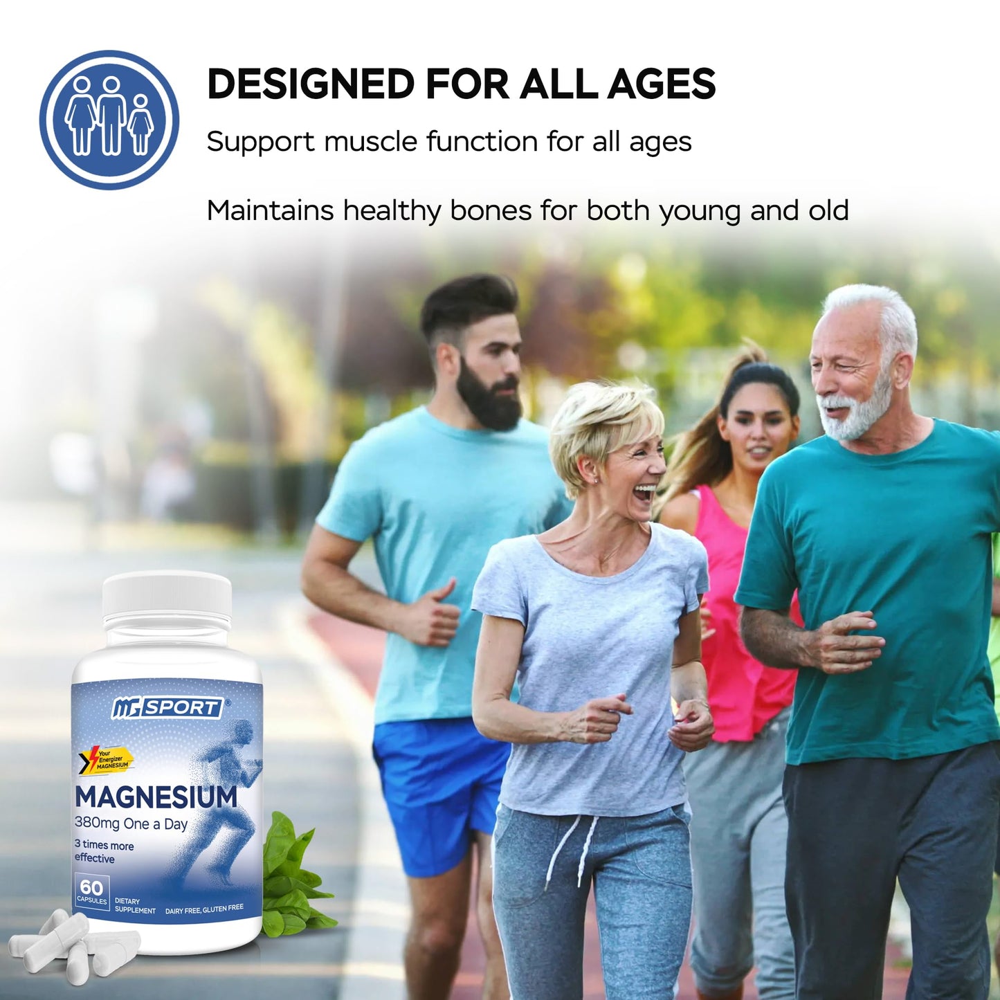 Magnesium Supplement Complex MGSPORT - High Absorption with Vitamins B6, D, E - Supports Muscle Function, 60 Servings