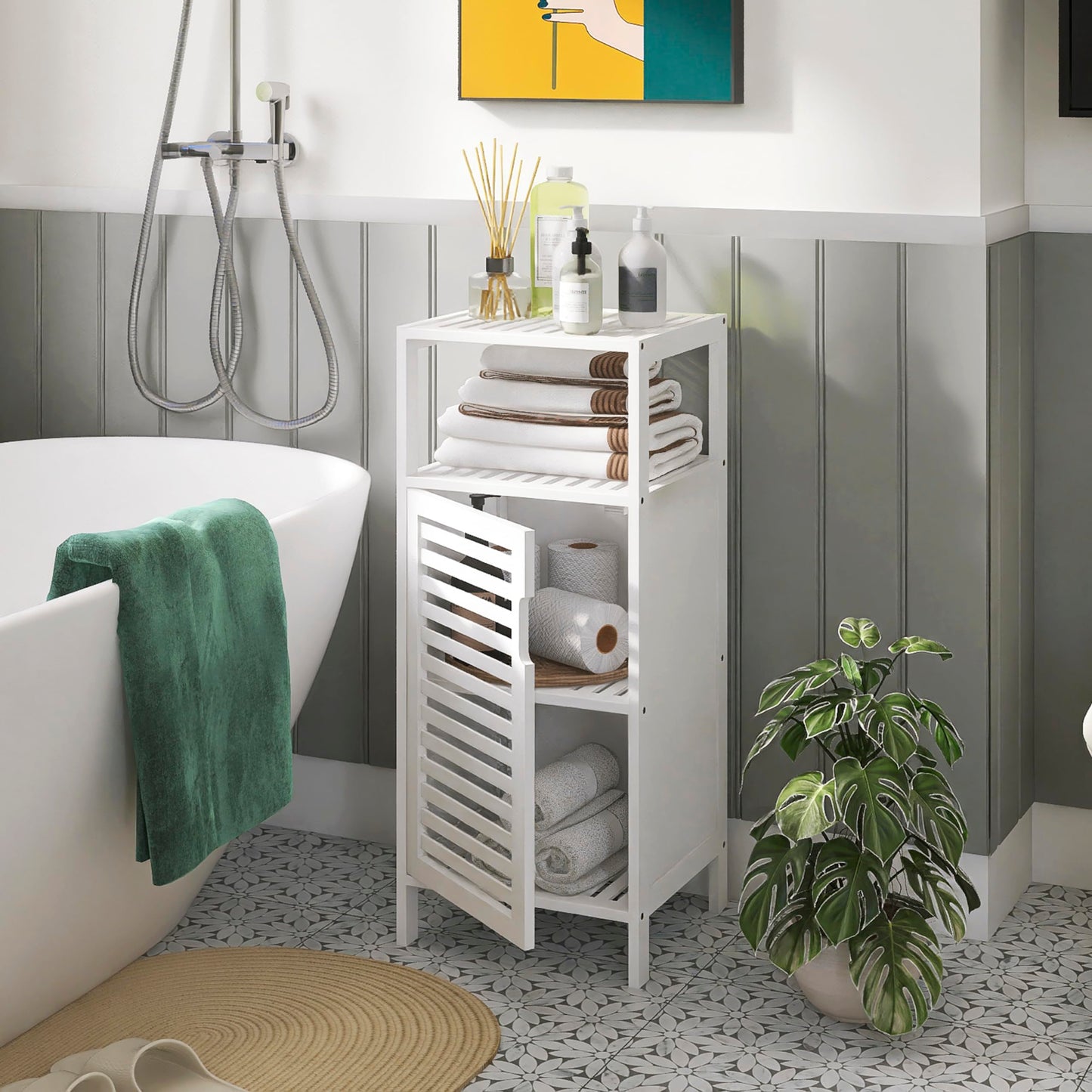HITNET Bathroom Wall Cabinet Foldable Luggage Rack and Bamboo Storage Cabinet Freestanding, Over Toilet Hanging Cabinet with Adjustable Shelf, Sofa Side Table Storage Organizer with 4 Hooks, White