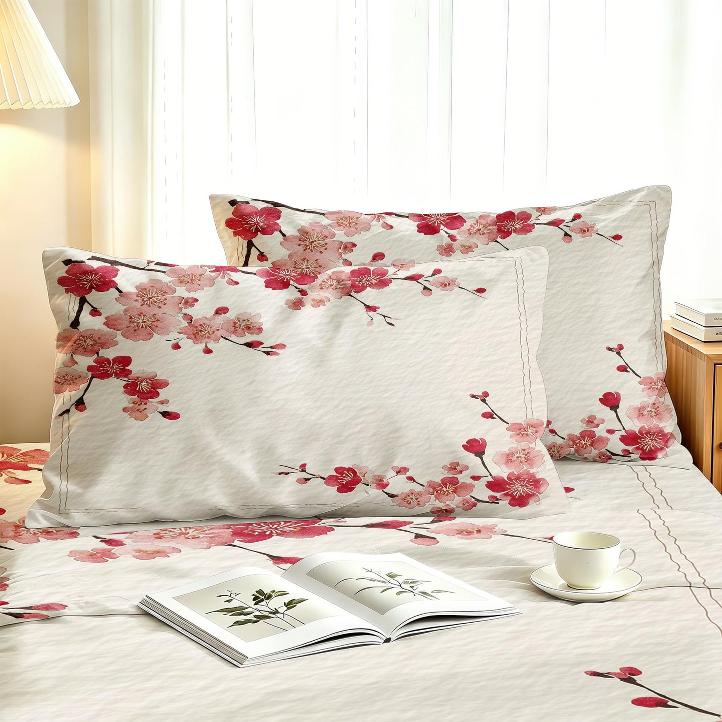 Cherry Blossom California King Sheet Set Red Flower Flat Fitted Sheet Sets