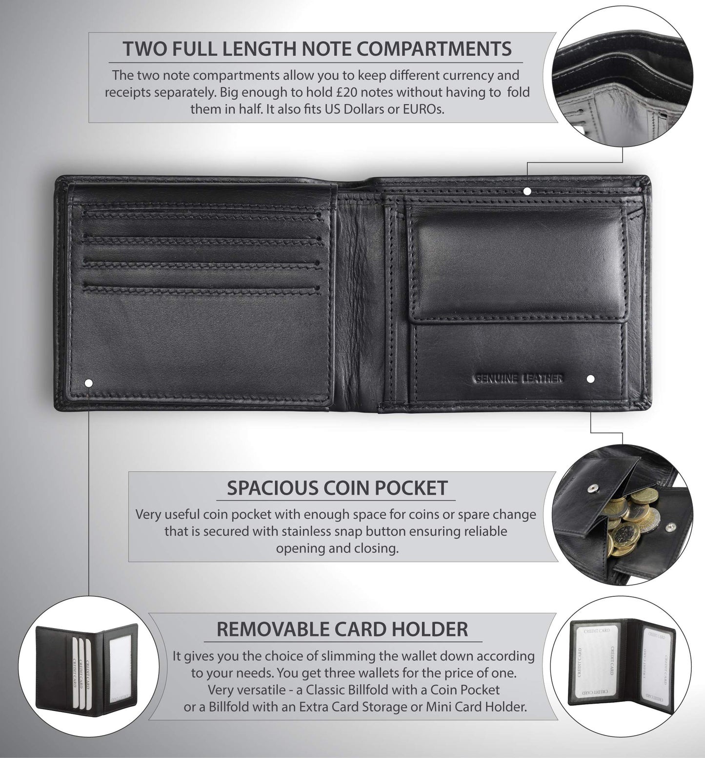 KORUMA RFID Wallet for Men, Black Leather Mens Wallets for up to 11 Cards, Coin Pocket, ID Window, Removable Credit Card Holder, Gifts for Him