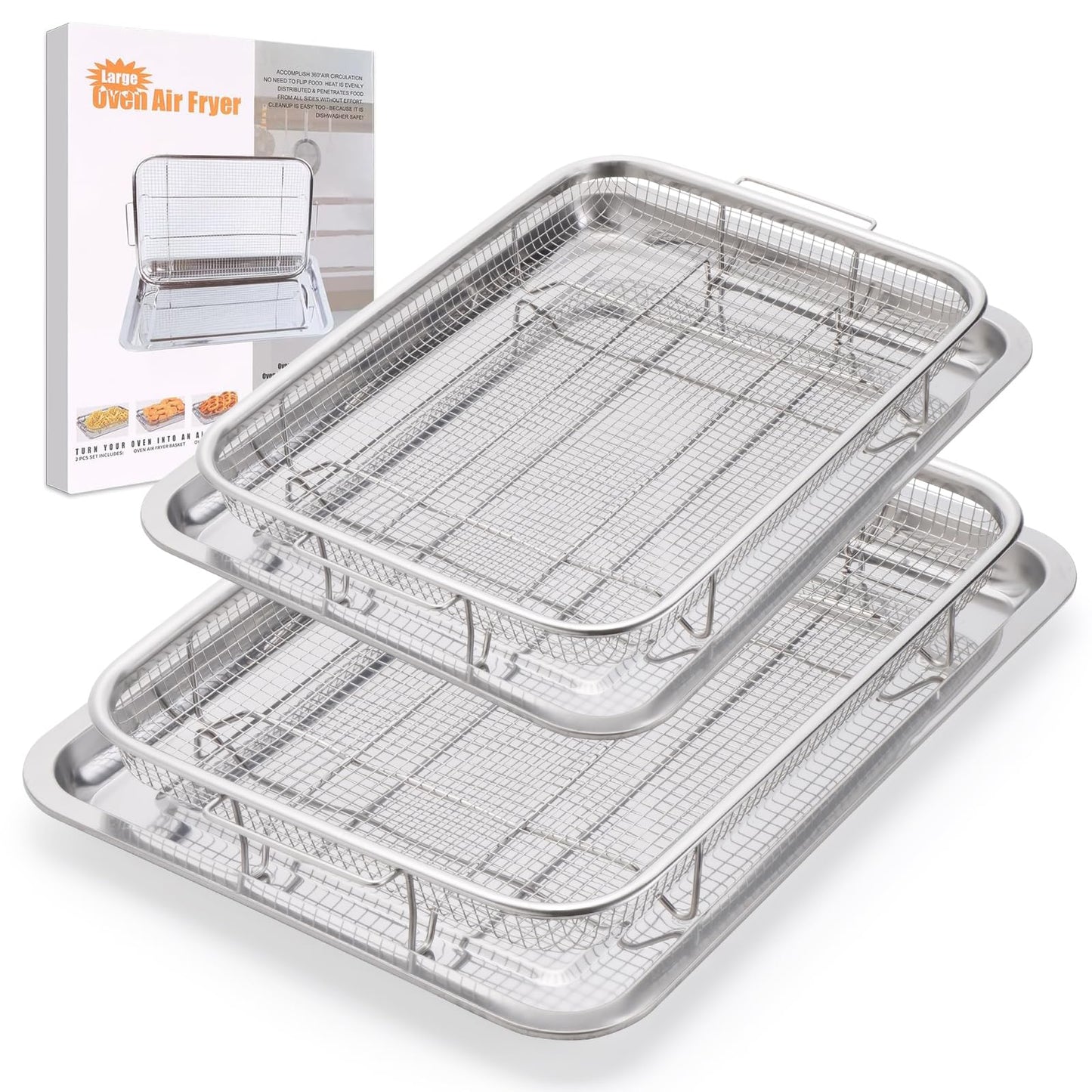 Air Fryer Basket for Oven 15.7"x11.8", 2-Pair Set Large Air Fryer Basket and Tray Stainless Steel Oven Air Fryer Accessories Pan Rack for Cooking Baking and Broiling
