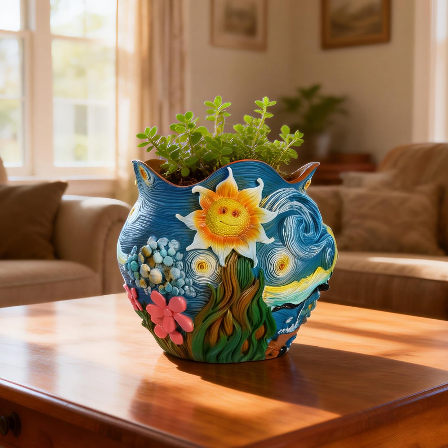 ArtCachet Sunflower Starry Sky Plant Pots-Cute Unique Flower Pots with Drainage Hole, Resin Planters for Indoor Outdoor Succulent Planter, Plant Gifts for Mother's Day, Birthday, Christmas(Colours)