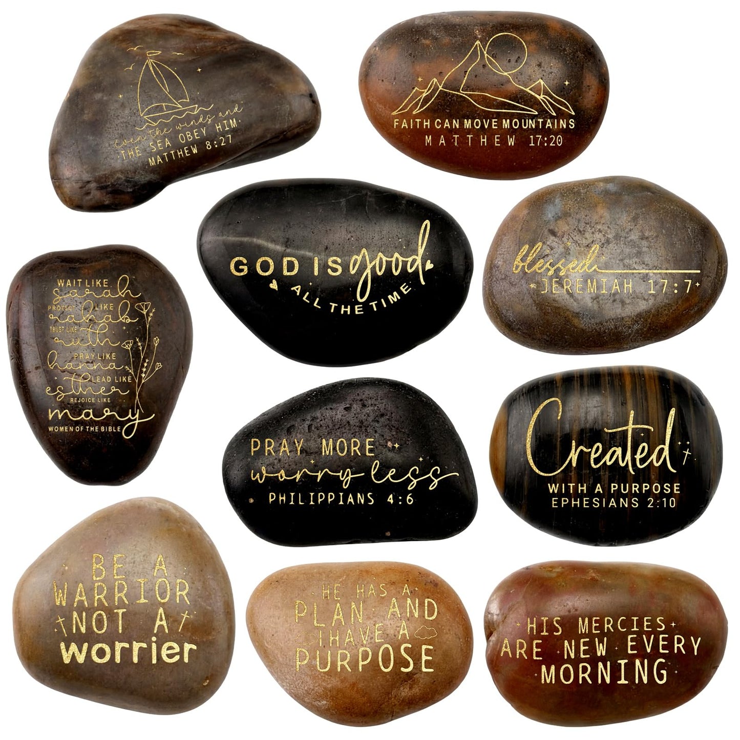 Landical 10 Pcs Bible Verses Scripture Stones Gift Christian Inspirational Rocks Engraved Stones with Prayer Words Father's Day Religious Gifts for Men Zen Group Office Home Decor(Inspiring Bible)