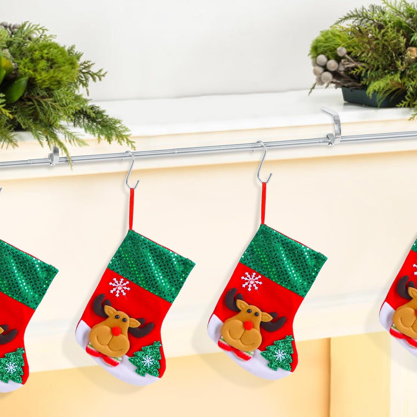 Muximud 3 in 1 Christmas Fireplace Stocking Holders for Mantel, 59" Adjustable Metal Mantel Garland Stocking Hanger Rod with 10 Hooks for Holiday Fireplace Counter Window Decoration