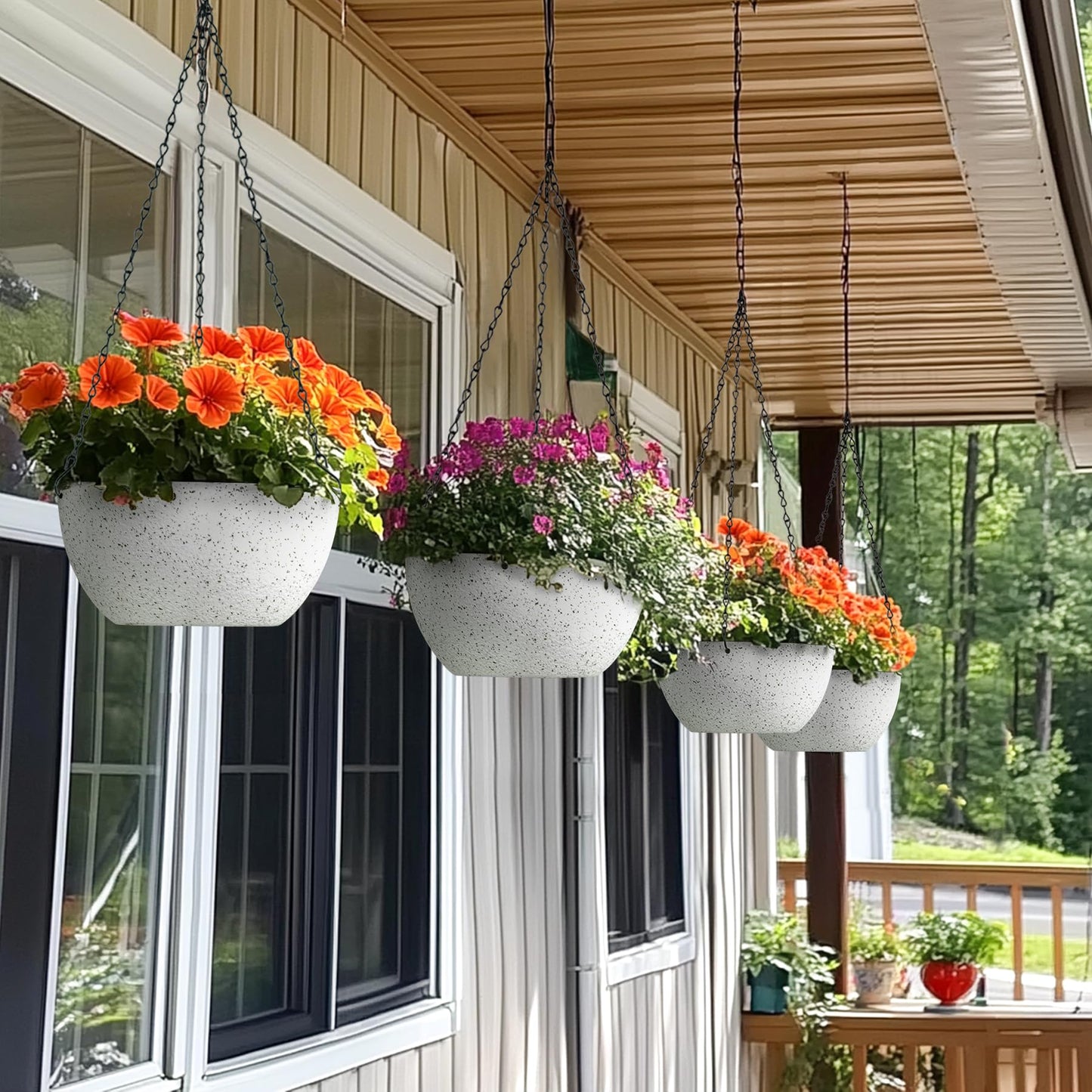 T4U Plastic Hanging Baskets 2-Pack - 12 Inch Large Hanging Flower Planter with Drainage Hole for Indoor Outdoor Plants, Round Plant Pot for Home Garden Porch Balcony Patio Decor (White)