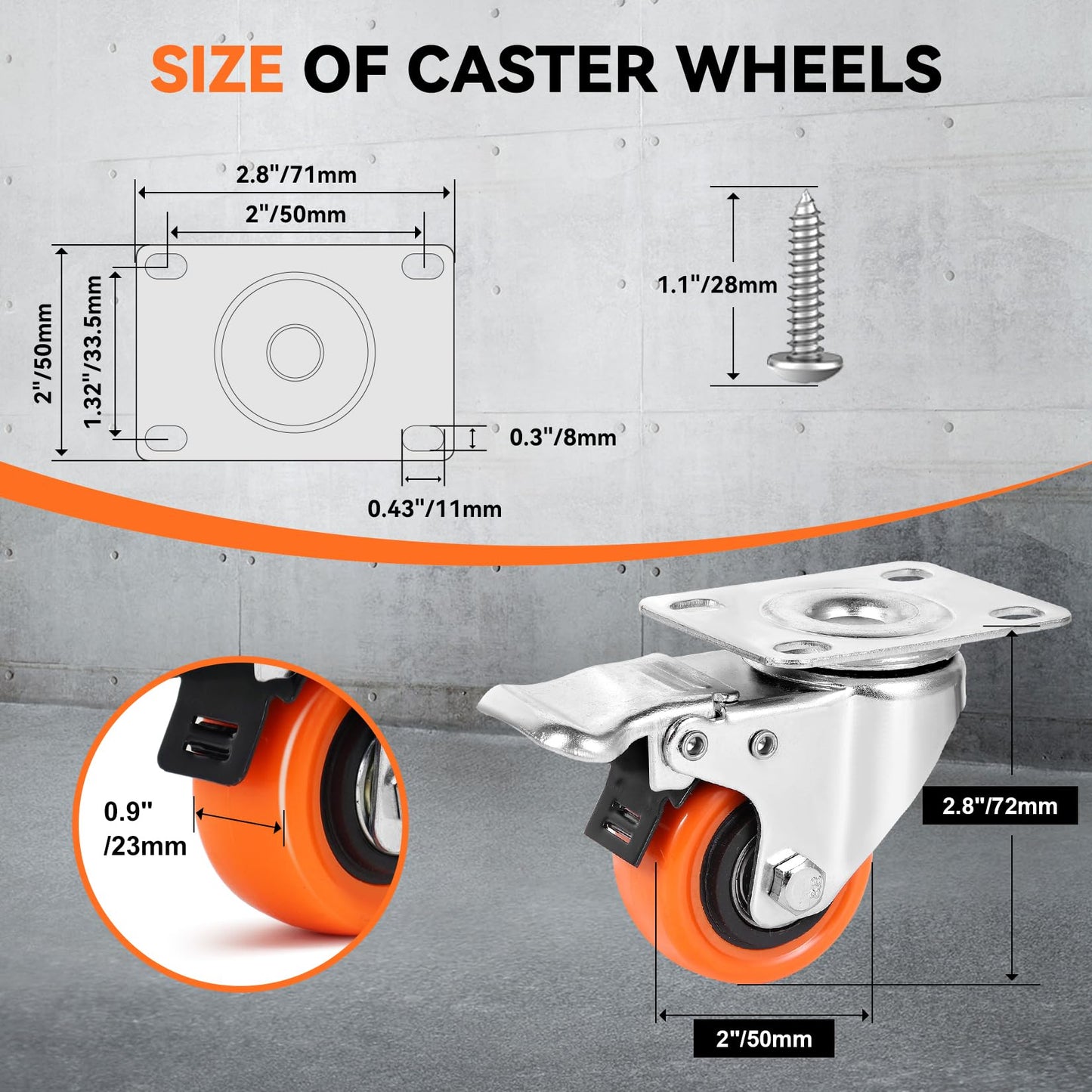 WBD 2" Plate Caster Wheels Set of 8, Heavy Duty Casters with Brake, 1200 Lbs, Safety Dual Locking, Industrial Swivel Top Plate Casters Wheels for Furniture, Carts (Screws and Screwdriver)