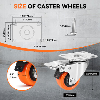 WBD 2" Plate Caster Wheels Set of 8, Heavy Duty Casters with Brake, 1200 Lbs, Safety Dual Locking, Industrial Swivel Top Plate Casters Wheels for Furniture, Carts (Screws and Screwdriver)