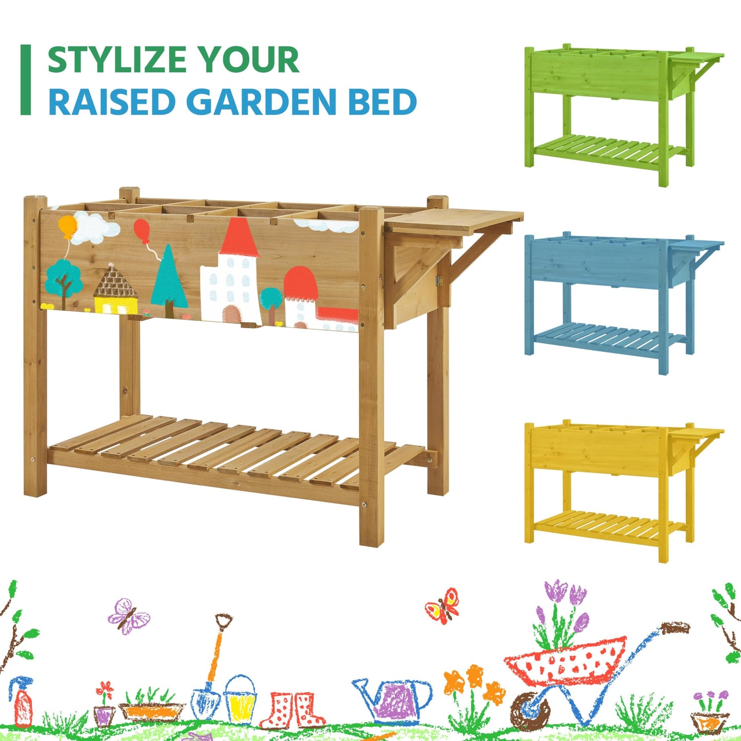Yaheetech 49x22x32in 8 Pockets Horticulture Raised Garden Bed Elevated Wood Planter Box Stand with Foldable Side Table and Storage Shelf for Herb/Vegetables/Flowers, Light Brown