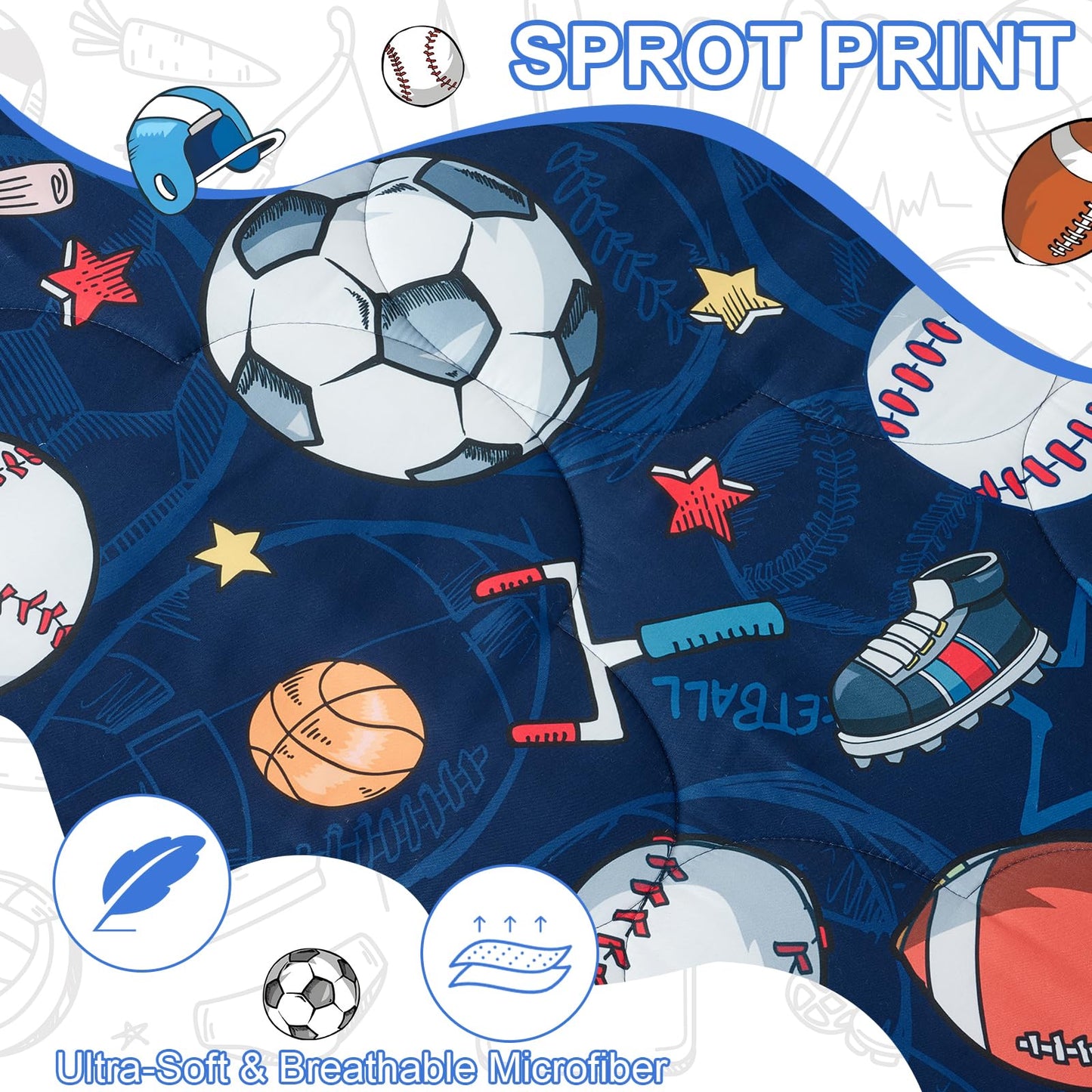 Jameswish 7 Pieces Sports Comforter Set for Boys Kids Soft Fluffy Baseball Bedding Set Twin Size with 3D Soccer Basketball Football Design Bed in A Bag as Gifts