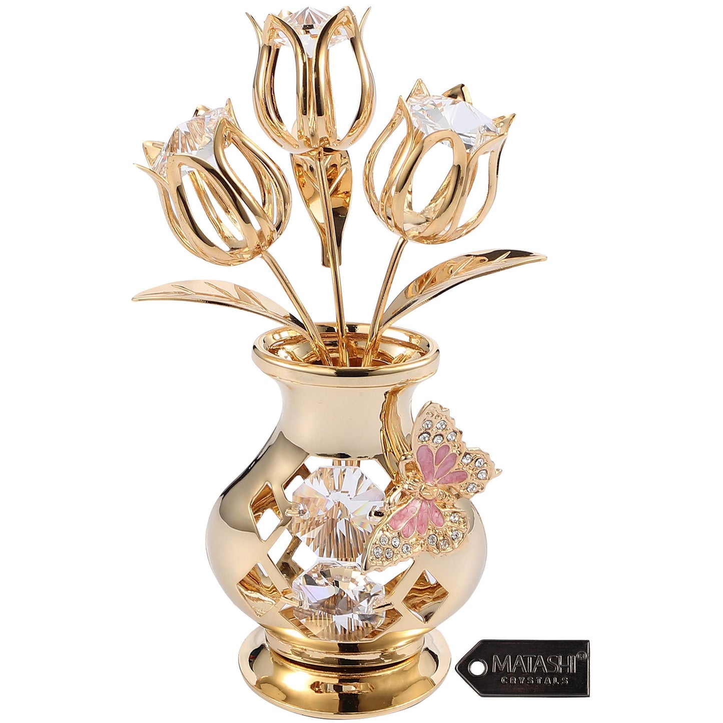 Matashi 24K Gold Plated Crystal Flower Figurine with Clear Crystals & Butterfly – Luxury Decorative Tulip Statue, Elegant Tabletop Home Décor, for Mother's Day, Valentine's Day, Christmas