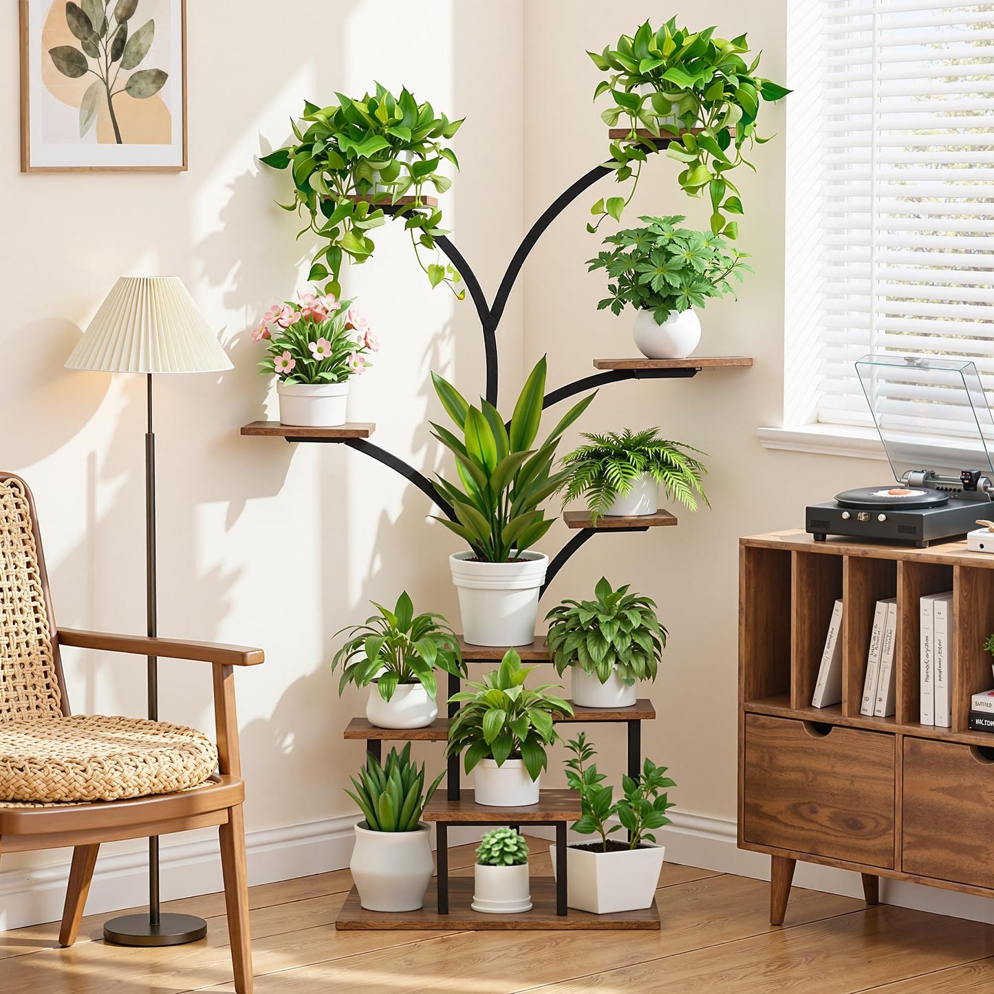 VECELO Plant Stand with LED Light, 10-Tier Indoor Plant Shelf with Supplemental Lighting, Metal Frame & Wood Shelves with Hanging Hooks, Space-Saving Plant Rack for Living Room or Corner Display