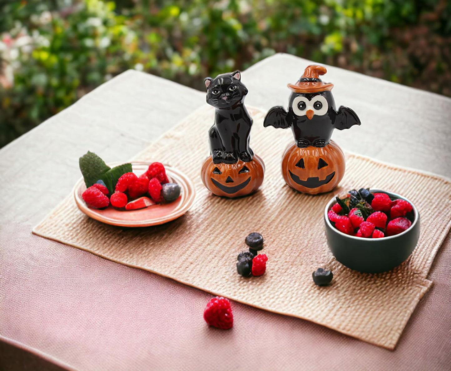 Fine Ceramic Thanksgiving Halloween Black Cat & Owl on Pumpkin Salt & Pepper Shakers Set, 3-3/4" H