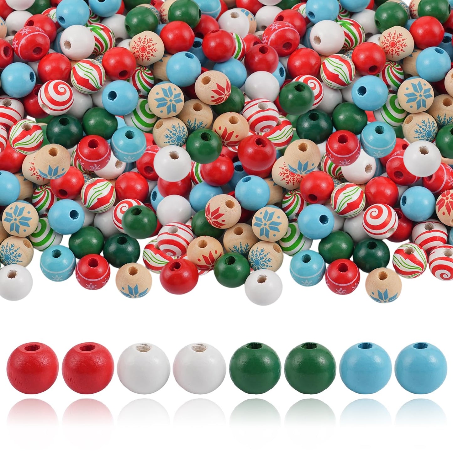 200 Pcs Christmas Wooden Beads for Crafts Natual Painted Wood Spacer Loose Beads with Twine for Xmas Party Holiday DIY Garland Hanging Decor