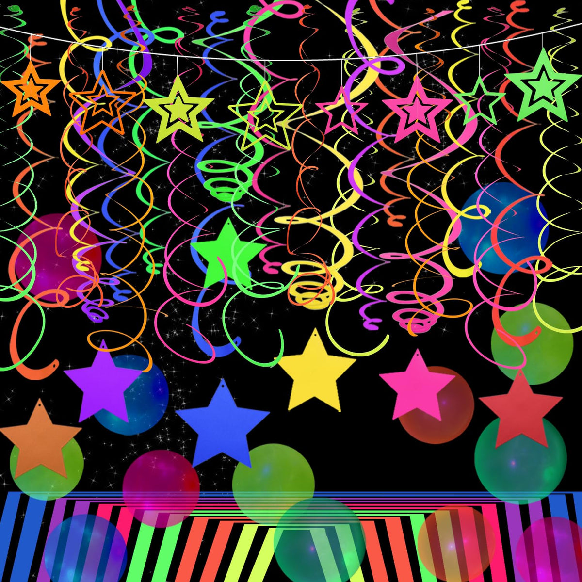 52 PCS UV Neon Rainbow Ceiling Swirl Decoration Hanging Streamer for Ceiling Neon Garlands Black Light Neon Decorations for Dark Glow Party Supplies and Decorations Birthday Party Favors