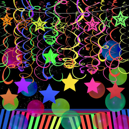 52 PCS UV Neon Rainbow Ceiling Swirl Decoration Hanging Streamer for Ceiling Neon Garlands Black Light Neon Decorations for Dark Glow Party Supplies and Decorations Birthday Party Favors