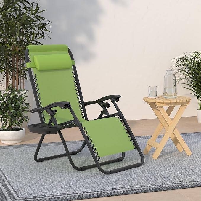 Best Choice Products Set of 2 Adjustable Steel Mesh Zero Gravity Lounge Chair Recliners w/Pillows and Cup Holder Trays - Lime Green