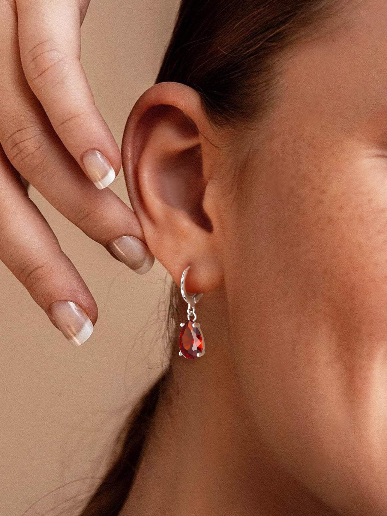Bestyle Sterling Silver Teardrop July Birthstone Earrings Dangle - Sparkle Ruby Red Drop Earrings for Women Dangling -Small Silver Huggie Hoop Earrings For Women | Trendy CZ Huggie Earrings