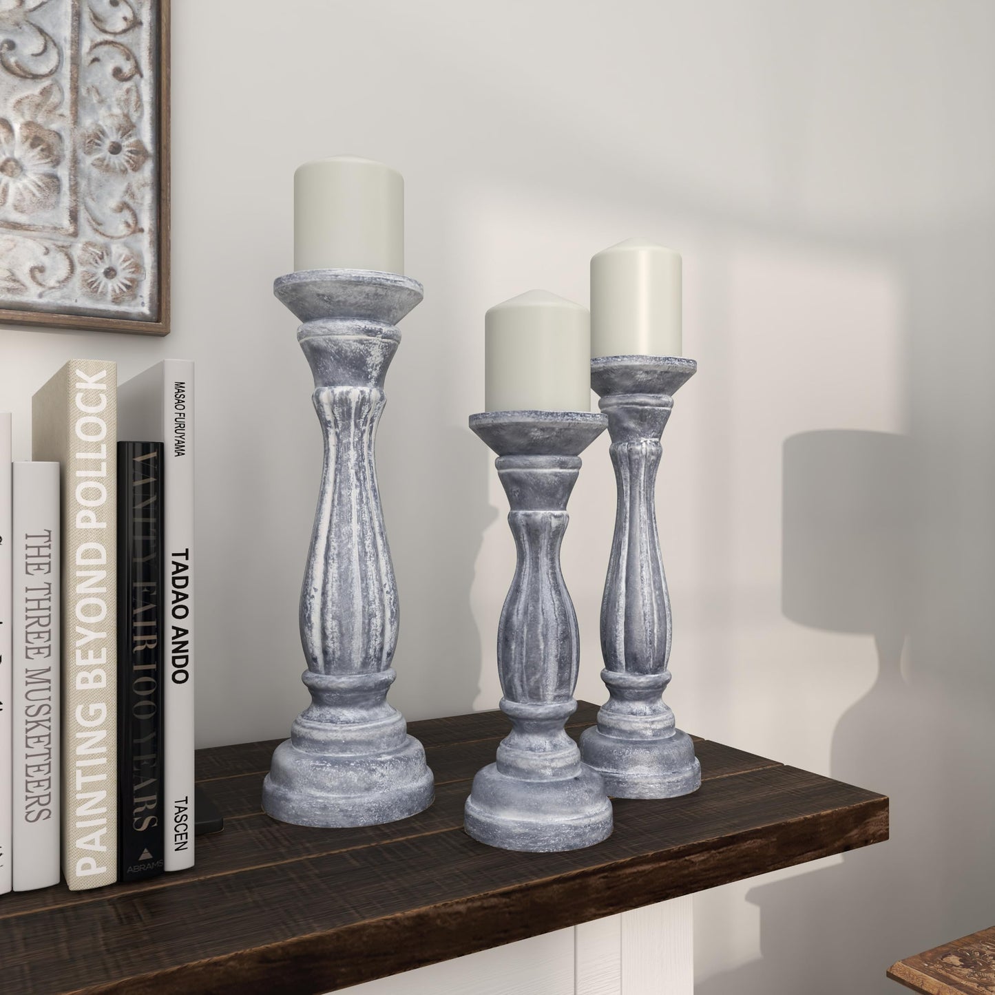 Deco 79 Wooden Decorative Candle Holder Distressed Turned Candle Stand, Set of 3 Candlestick Holder 15", 13", 11"H, Gray