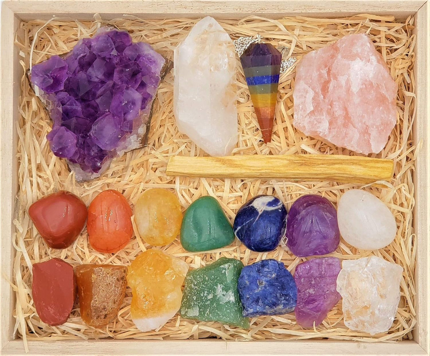 Crystals and Healing Stones Premium Kit Wooden Box - Chakra Stones Healing Crystals Set, Rose Quartz, Amethyst Cluster, Quartz Points, Chakra Pendulum (Deluxe Chakra Collection)