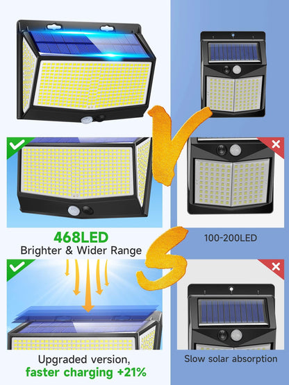 One Fire Solar Lights Outdoor, 468LED+2000LM Super Bright Solar Security Lights with Motion Sensor, 3 Modes Garden Lights Solar Powered Waterproof IP65