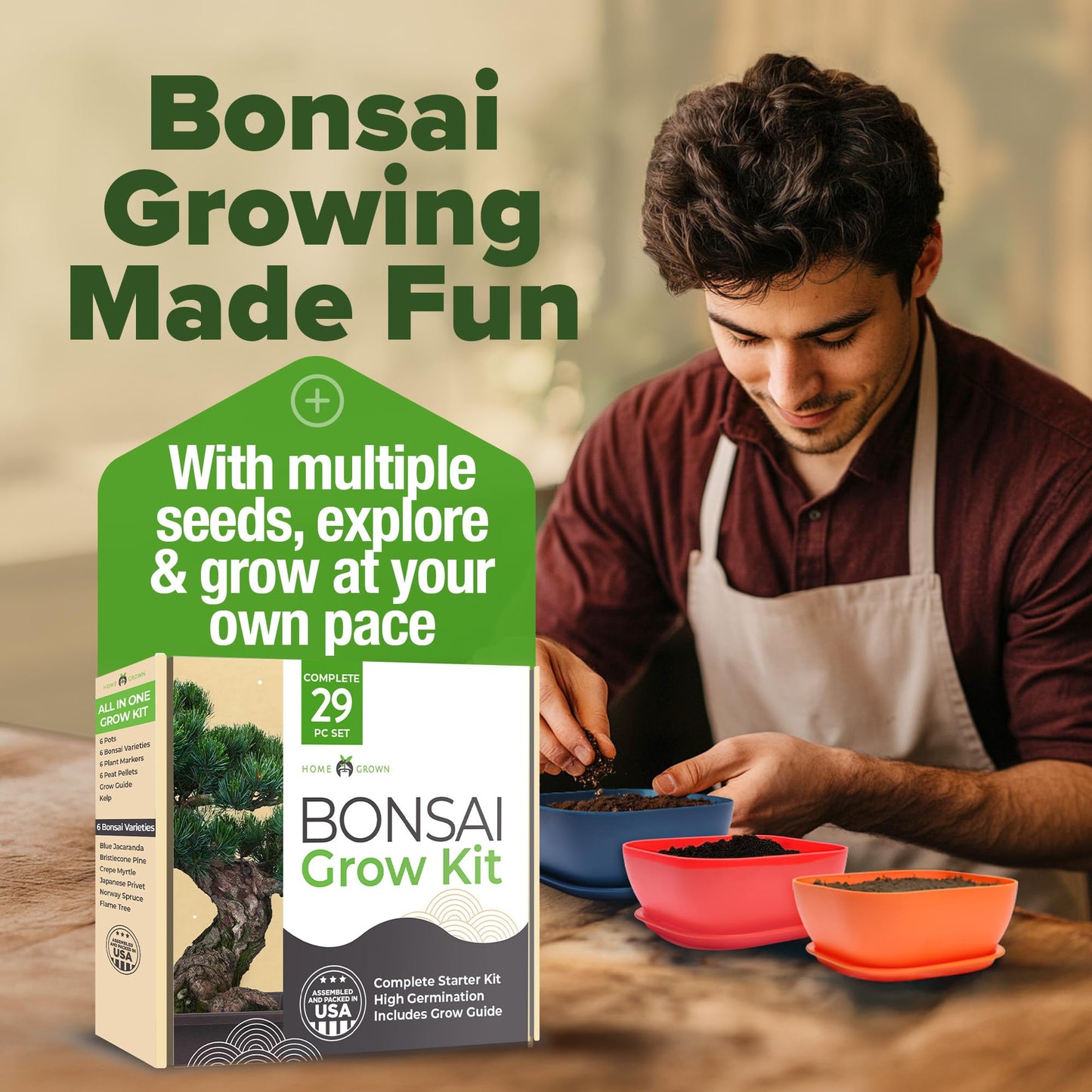 HOME GROWN Bonsai Tree Kit – 6 Heirloom Varieties with Unique Pots – DIY Bonsai Starter Kit for Adults & Beginners – Christmas Gift for Men Women Gardeners Plant Lovers – Indoor Growing Kit