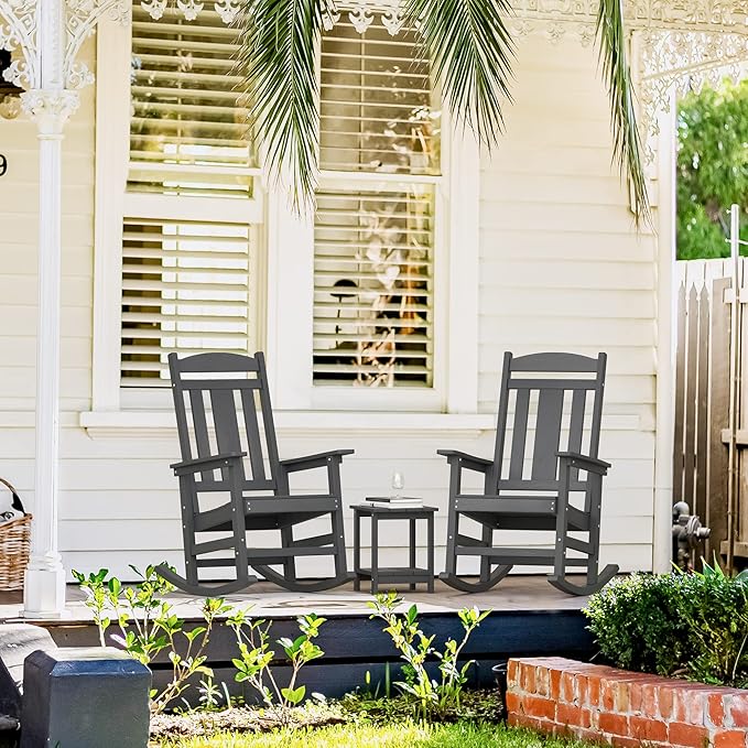 LUE BONA Outdoor Rocking Chairs Set of 2, Weather Resistant HDPS Poly Rocker Chairs, 350lb Heavy Duty, Oversized Porch Rocker for Adult, High Back Smooth Rocking Chairs for Outdoor & Indoor, Gray