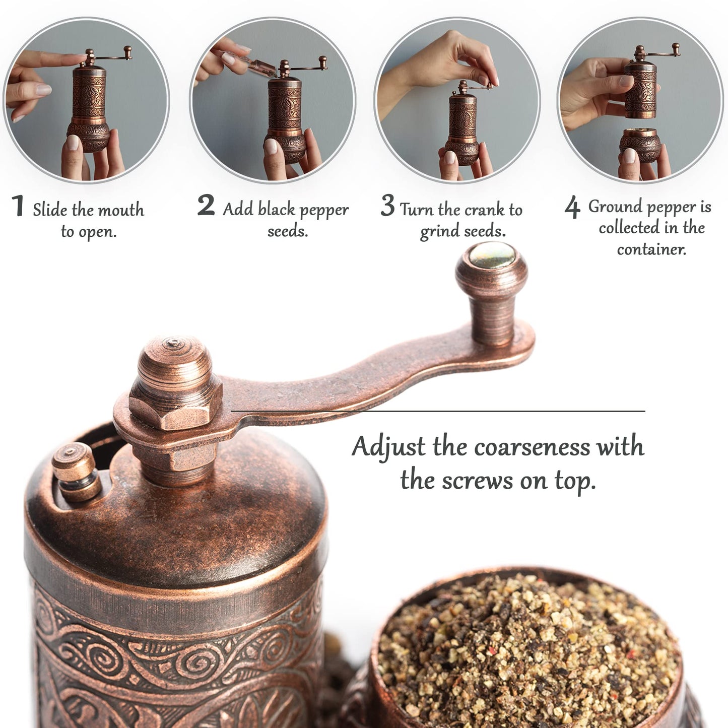 Decorative Black Pepper Grinder, Refillable Turkish Spice Mill with Adjustable Coarseness, Manual Pepper Mill with Handle, Spice Grinder Metal with Hand Crank, Copper