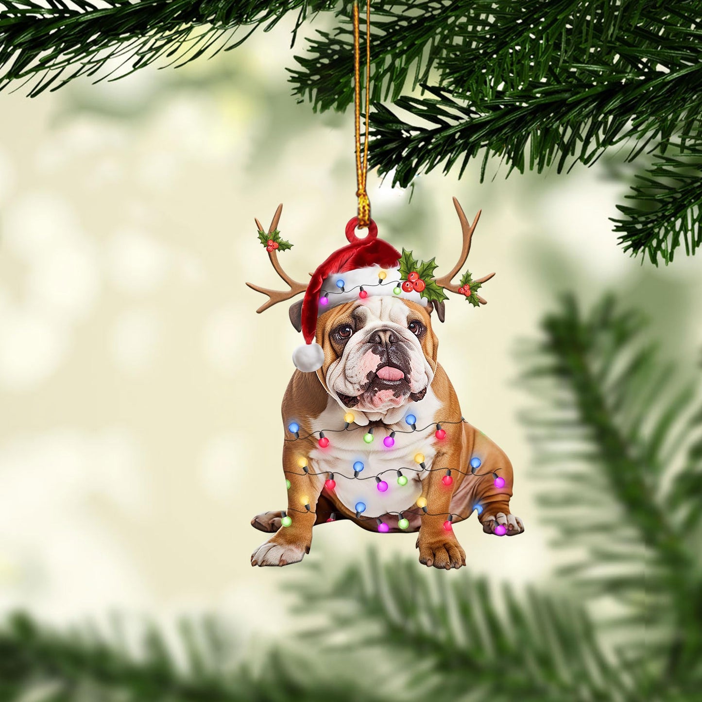 Talataca English Bulldog 2D Flat Christmas Ornament, Bulldog Inglés Christmas Hat Reindeer String Light Pine Tree Decor, Hanging House Charm Eve Keepsake, Car Rear View Mirror Accessories, Xmas Gift