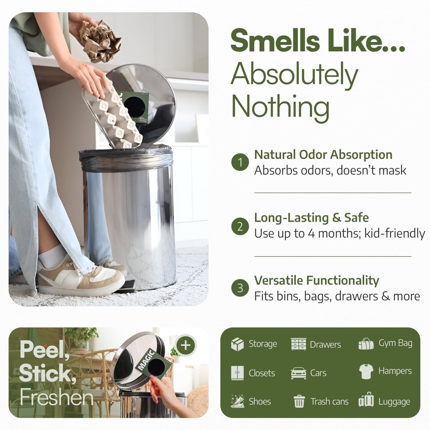 Trash Magic Activated Charcoal Trash Can Odor Eliminator - Peel & Stick Garbage Can Deodorizer - Air Freshener for Fridge, Compost, Drawers & Diaper Pails - Lasts 4 Months - Made in USA (8 Pack)