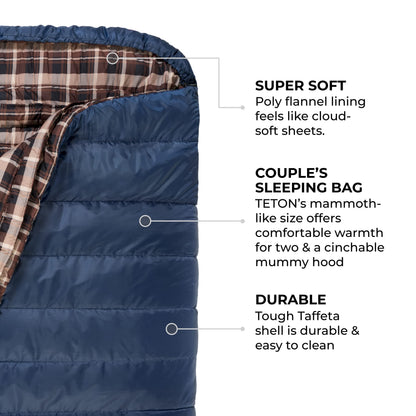 Teton Mammoth, 20 Degree Double Sleeping Bag, A Warm Bag The Whole Family can Enjoy. Great for Camping, Hunting and Base Camp. Compression Sack Included