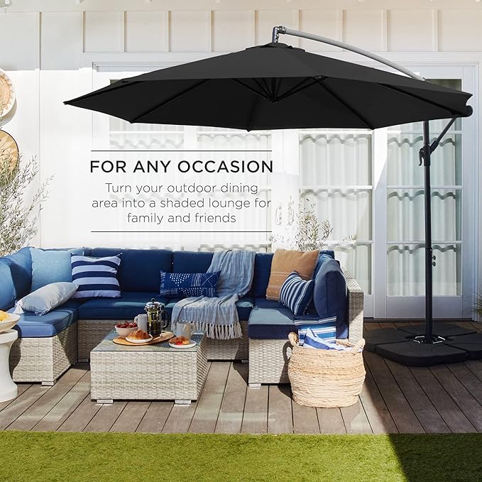 Best Choice Products 10ft Offset Hanging Market Patio Umbrella w/Easy Tilt Adjustment, Polyester Shade, 8 Ribs for Backyard, Poolside, Lawn and Garden - Black