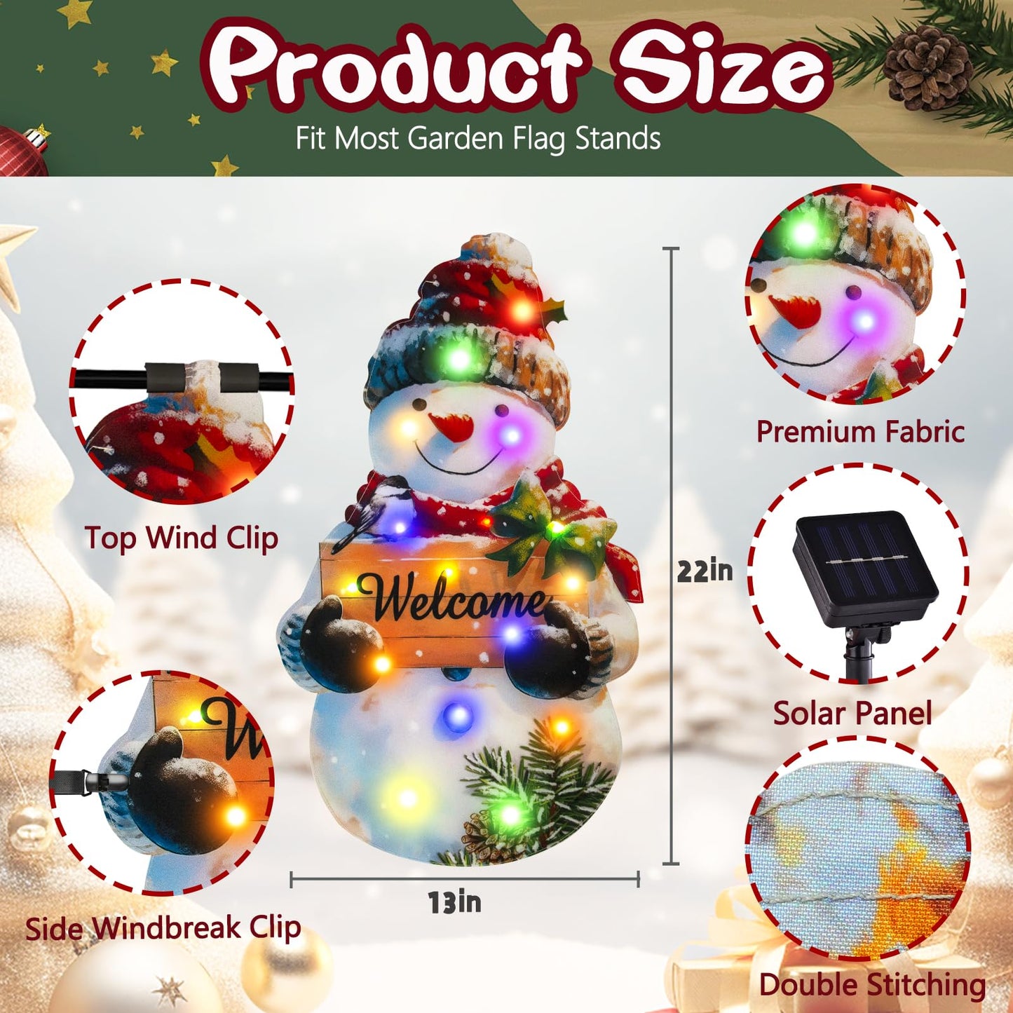 Lighted Christmas Garden Flag 22×13, 8 Modes Double Sided Solar Christmas Decorations Outdoor LED Navidad Flag, Yard Decorations for Xmas Patio Lawn Porch