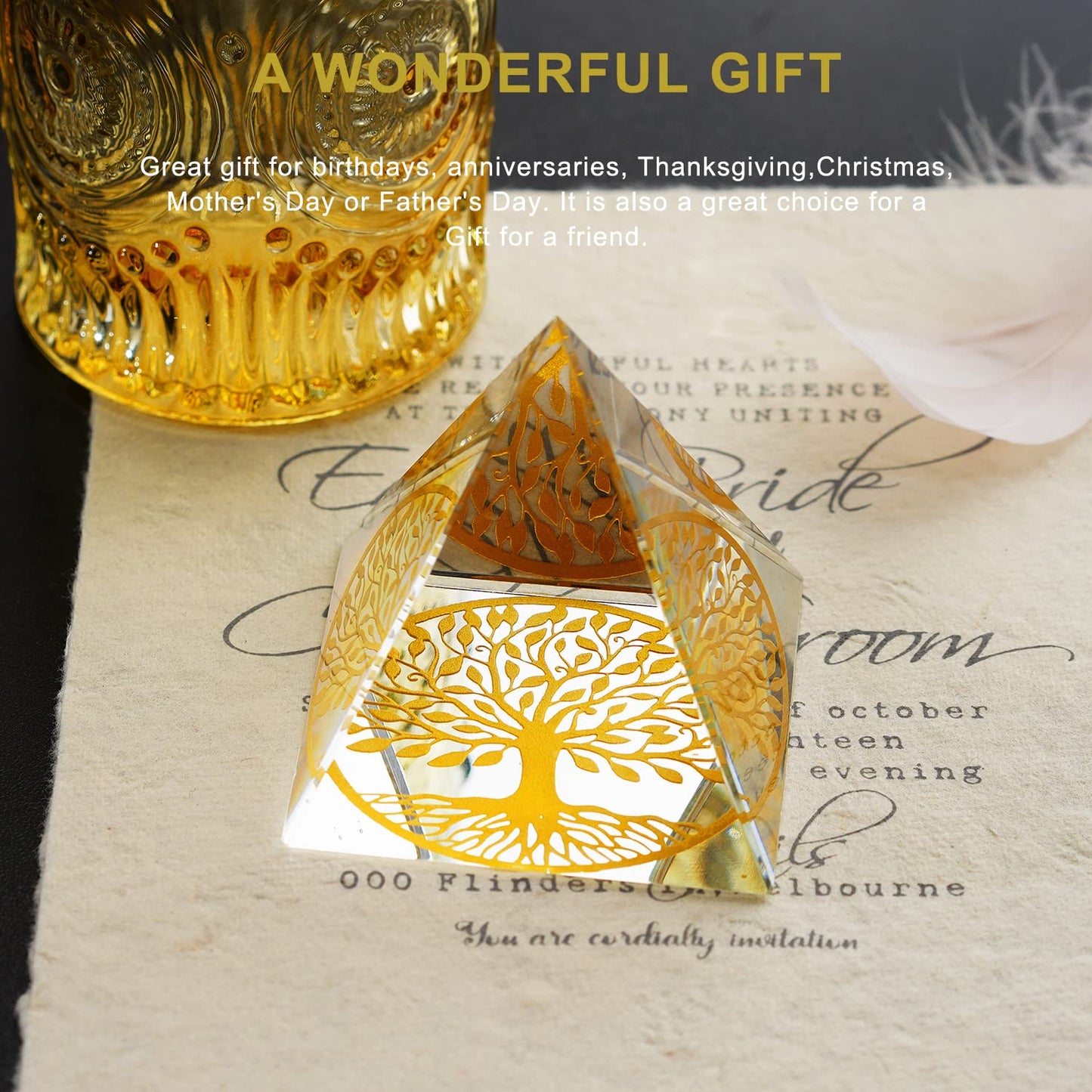 Tree of Life Crystal Pyramid Paperweight,60MM Clear Glass Pyramid Desk Ornament Feng Shui Crafts Meditation Crystal for Home Office Art Decor, Collectible Paperweight and Photography