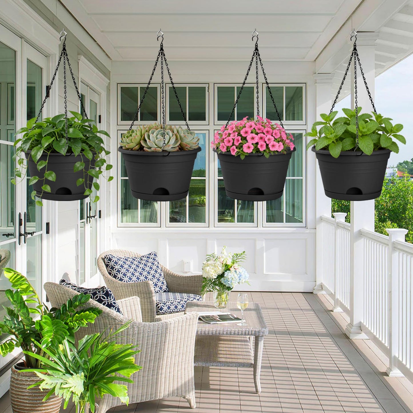 Nooulap 4 Pack Hanging Planters, 10 Inch Hanging Plant Pot with Hanger Chain & Drainage Trays, Hanging Baskets for Plants Outdoor Indoor, Flowers Pots for Home, Garden, Porch Decor (Black)