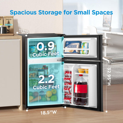 Midea WHD-113FB1 Double Door Mini Fridge with Freezer for Bedroom Office or Dorm with Adjustable Remove Glass Shelves Compact Refrigerator, 3.1 cu ft, Black