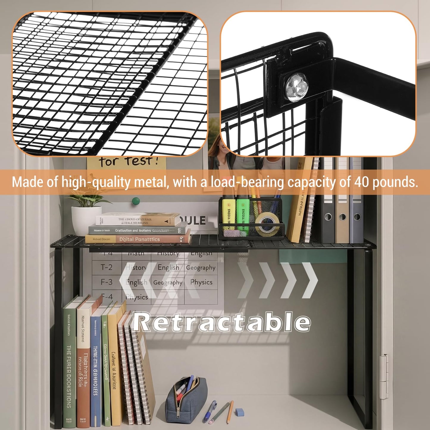 Colarr Metal Locker Organizer Shelf Adjustable to 10.6-15 Inches in Length for School Classroom Office Gym Lockers Home Storage(Black)
