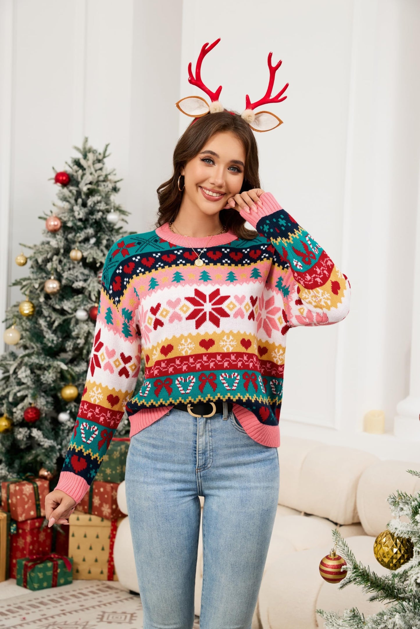 LUBOT Ugly Christmas Sweaters for Women Cute Fuzzy Funny Wintertime Holiday Parties Knitted Casual Pullover Sweater Pink Green Large
