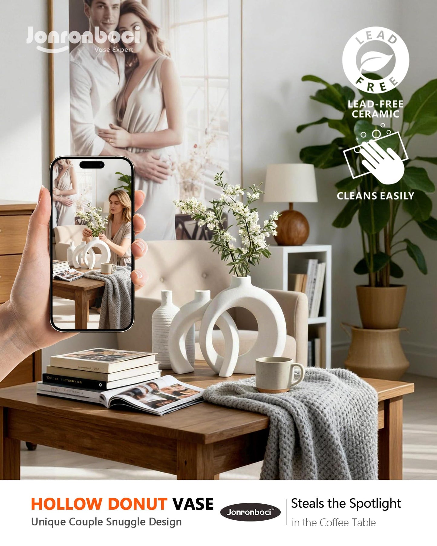7.2″Hx8.9″H Donut Shape Decorative Vase Set of 2, Ceramic, Modern Minimalism Styles, Flowers or Plant Table Vases for Home Decor Living Room Shelf Entry Console Mantle Dining Centerpiece (Matte White)