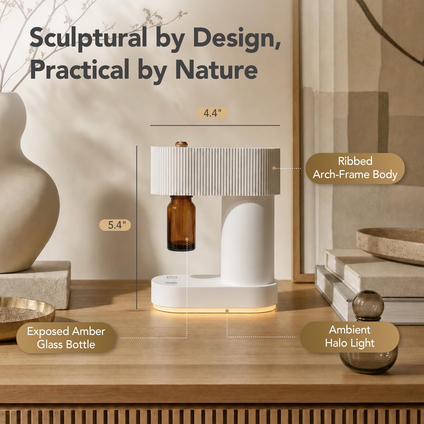 ROMONTI Waterless Essential Oil Diffuser Cordless Nebulizing Aroma Diffuser Whisper-Quiet 38dB USB-C Rechargeable Sculptural Korean Design Fits 10ml & 15ml Bottles Compact for Bedroom Office Spa
