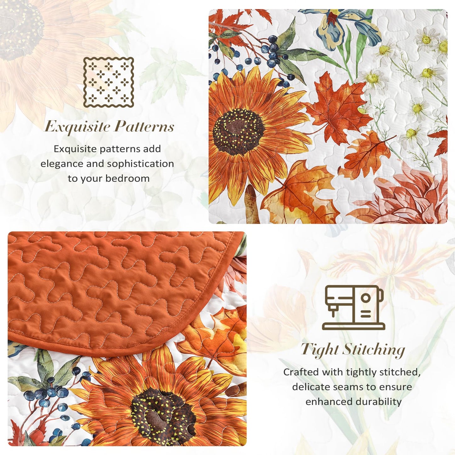 Yiran Fall Floral Quilt Set King Size, Orange Red Sunflower Botanical Bedspread Bedding Set, 3 Pieces Soft Lightweight Microfiber Coverlet with 2 Pillow Shams for All Season 106x90 Inch