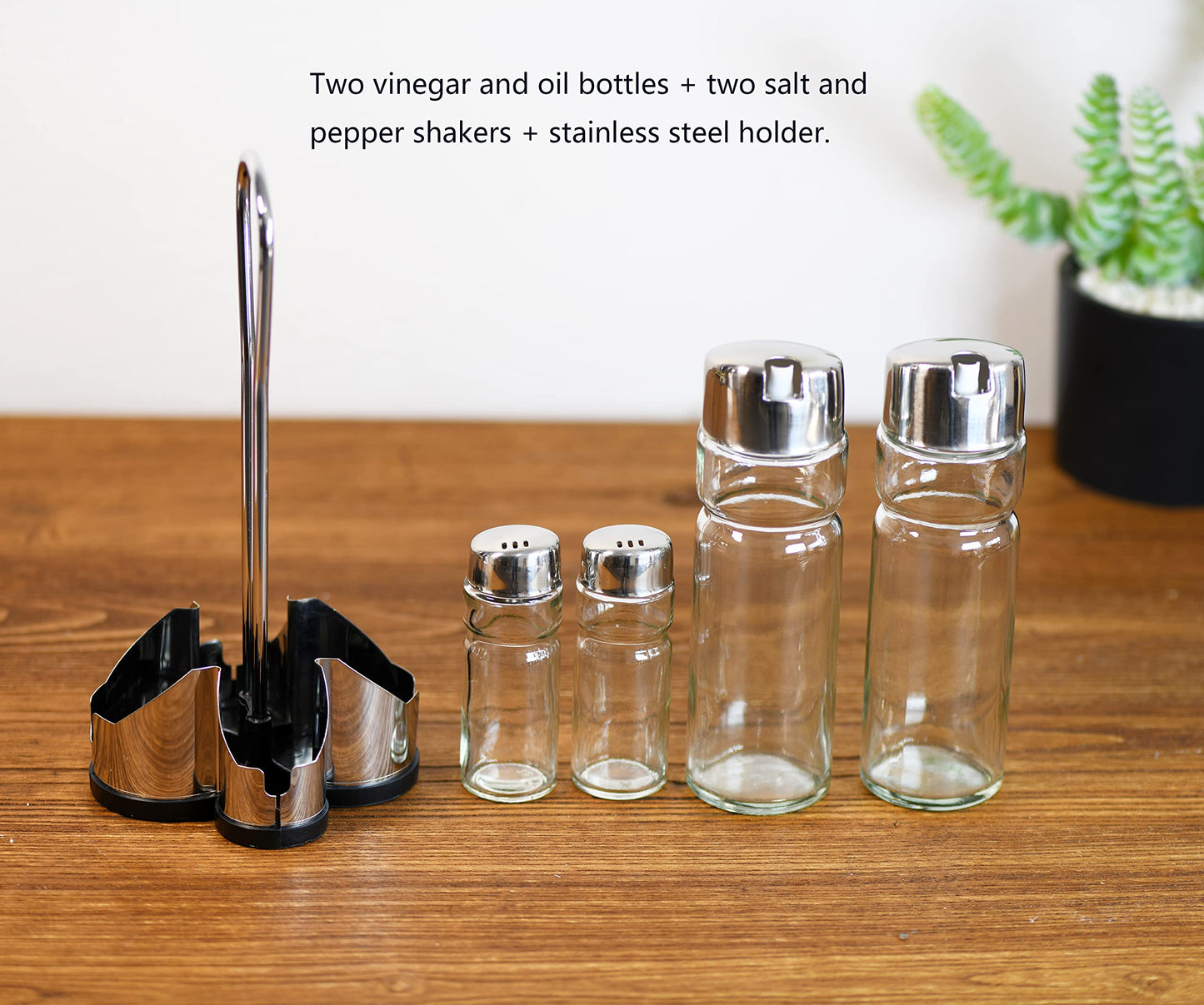 Salt and Pepper shakers, Oil and Vinegar Dispenser Set with Stainless Steel Holder (Salt & Pepper + Oil & Vinegar)