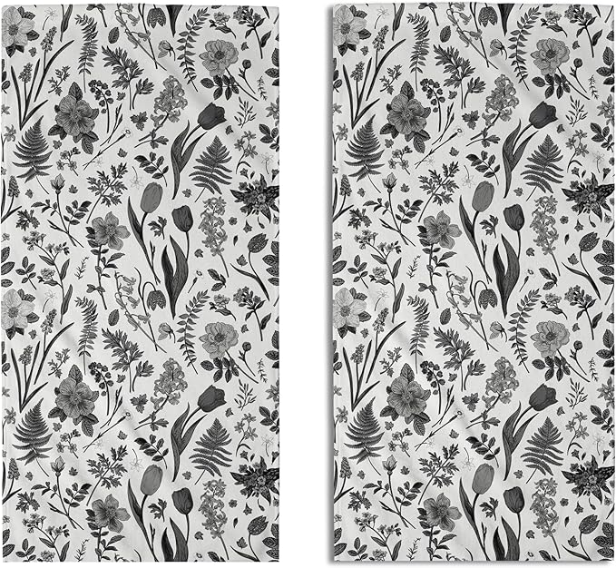 Spring Floral Hand Towels for Bathroom Set of 2 Black Grey White Flower Leaves
