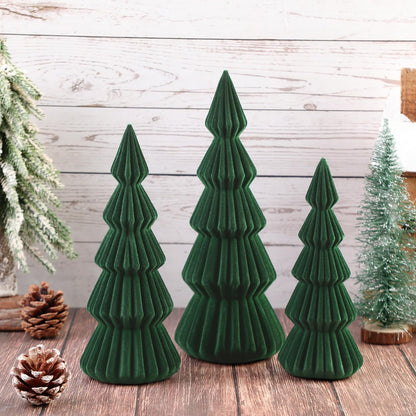 Relaxgiant Set of 3 Velvet Ceramic Christmas Trees Decoration Large Modern Velvet Cone Christmas Tree Figurine Decor Holiday Xmas Winter Indoor Home Tabletop Mantel Centerpiece(Dark Green)