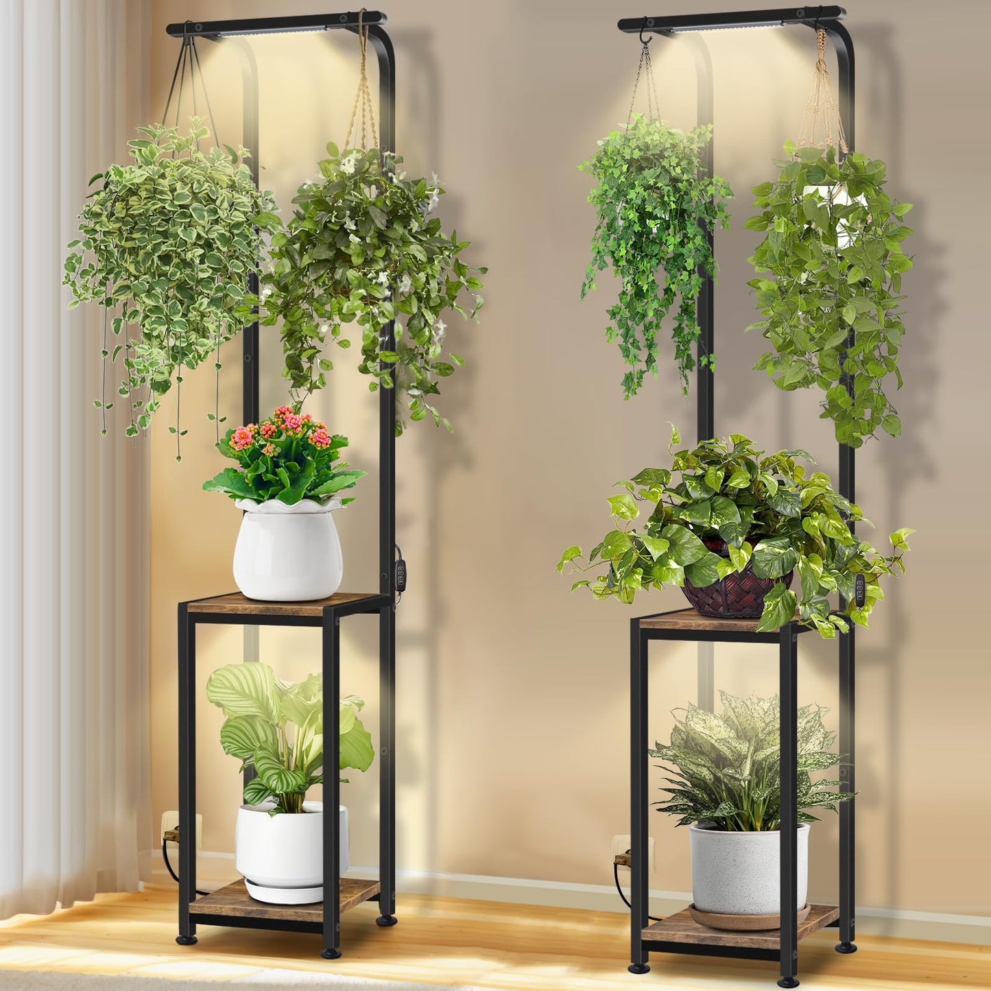 LAIDUOLEOE Plant Stand Indoor with Grow Light, 2 Pack Hanging Plant Stand Plant Shelf Indoor, 65'' Tall Plant Stands Plant Holders for Indoor Plants, Living Room, Bedroom, Balcony